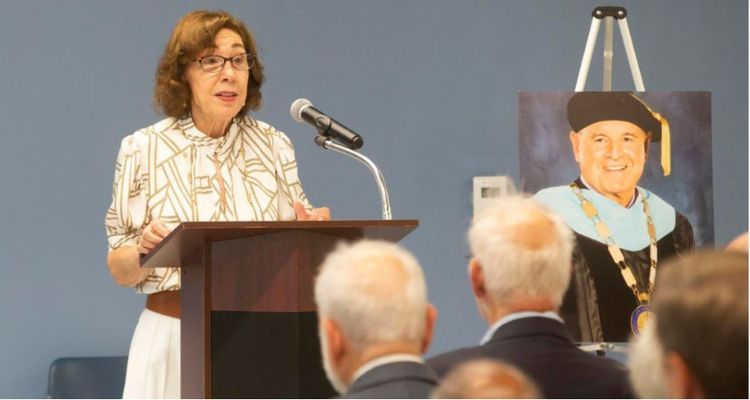 Dr Theresa DeFranco speaks during her late husband Dr Peter Mora's Celebration of Life ceremony