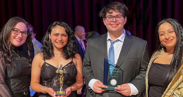 From left are Julia Train (Communication Major of the Year runner-up 2021-2022), Chloe Cramutola (Communication Major of the Year runner-up 2022-2023), Bobby Prince (Communication Major of the Year 2022-2023), and Aylin Alvarez-Santiago (Communication Major of the Year 2021-2022) at the 15th annual Communication Awards, hosted by the Communication Department at Atlantic Cape Community College, Friday, April 29 at the Walter Edge Theatre on the Mays Landing campus.