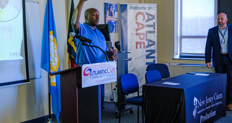 APEX Founder/President Dr. Jemal Beale speaks to the crowd during the cohort program kickoff at the Worthington Atlantic City campus