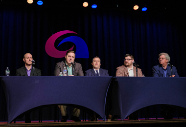 Panelists from left to right John Piazza, James Clark, Michael Schillo Jr, Nick Simonsen and David Fiore take questions from the students