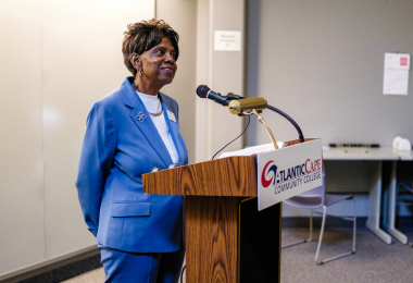 Atlantic Cape President Dr. Barbara Gaba speaks at the new student orientation